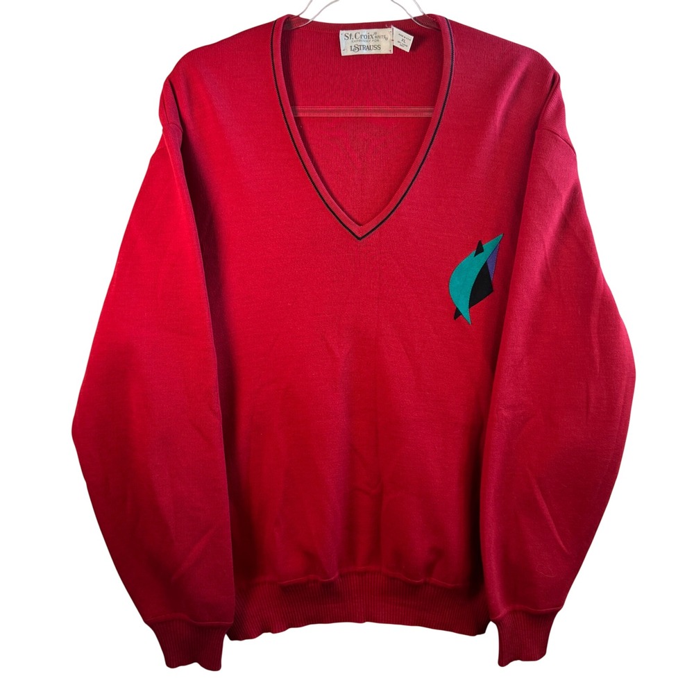 St. Croix Knits‎ Wool V-Neck Sweater Red Abstract Geometric Vintage XL USA Made